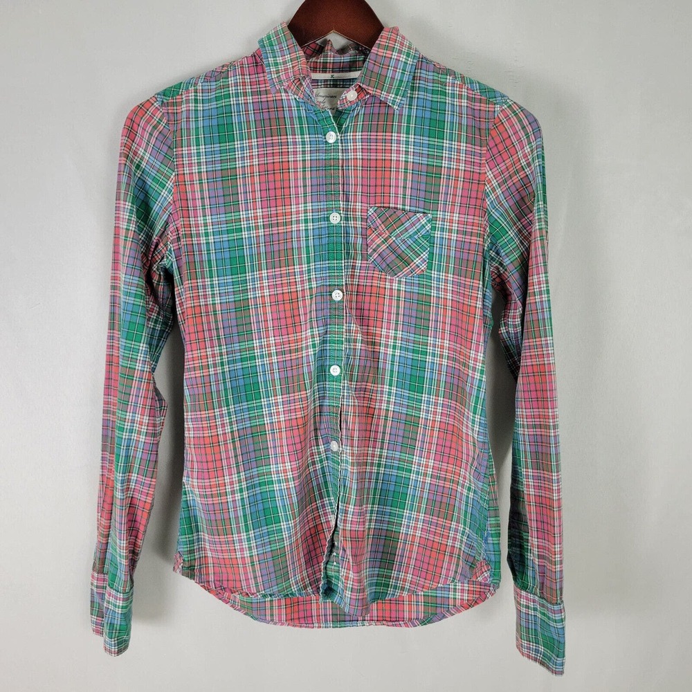 American Eagle Womens Shirt Size 4 Top Red Green Plaid Long‎ Sleeve Button Down
